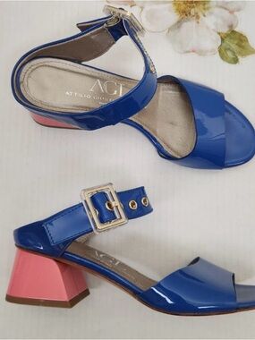 AGL Blue Patent Leather Sandals with Pink Block Heel